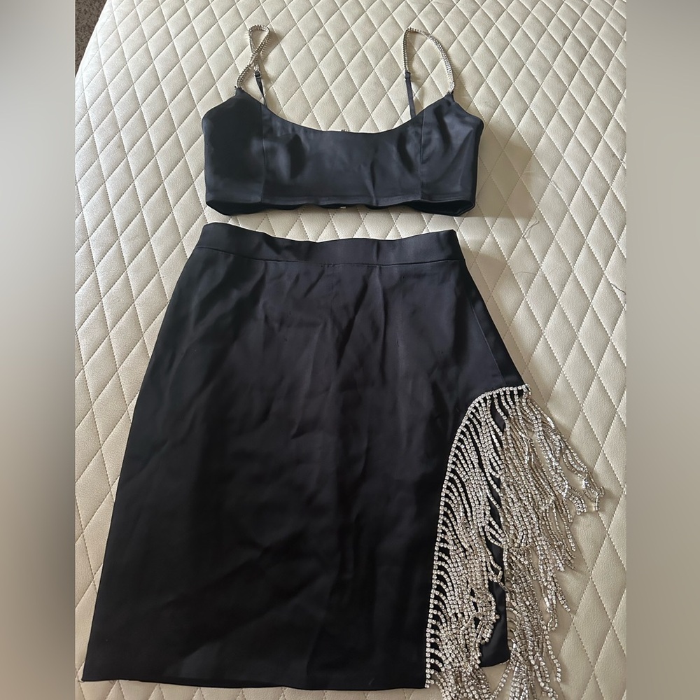 Oh Polly Black Midi Skirt with Silver Fringe